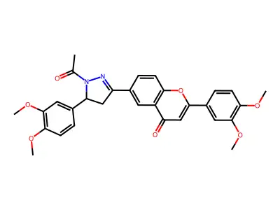 6-[2-acetyl-3-(3,4-dimethoxyphenyl)-3,4-dihydropyrazol-5-yl]-2-(3,4-dimethoxyphenyl)chromen-4-one structure