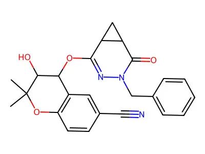 2H-1-Benzopyran-6-carbonitrile, 3,4-dihydro-2,2-dimethyl-3-hydroxy-4-((5-oxo-4-(phenylmethyl)-3,4-diazabicyclo(4.1.0)hept-2-en-2-yl)oxy)- structure