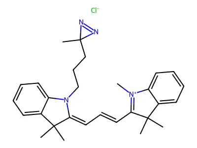 3,3-dimethyl-1-[3-(3-methyldiazirin-3-yl)propyl]-2-[3-(1,3,3-trimethylindol-1-ium-2-yl)prop-2-enylidene]indole chloride structure