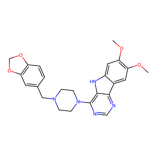 4-[4-(1,3-benzodioxol-5-ylmethyl)piperazin-1-yl]-7,8-dimethoxy-5H-pyrimido[5,4-b]indole structure