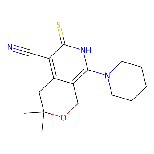3,3-dimethyl-8-(piperidin-1-yl)-6-thioxo-3,4,6,7-tetrahydro-1H-pyrano[3,4-c]pyridine-5-carbonitrile structure