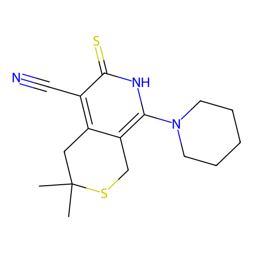 3,3-dimethyl-8-(piperidin-1-yl)-6-thioxo-3,4,6,7-tetrahydro-1H-thiopyrano[3,4-c]pyridine-5-carbonitrile structure
