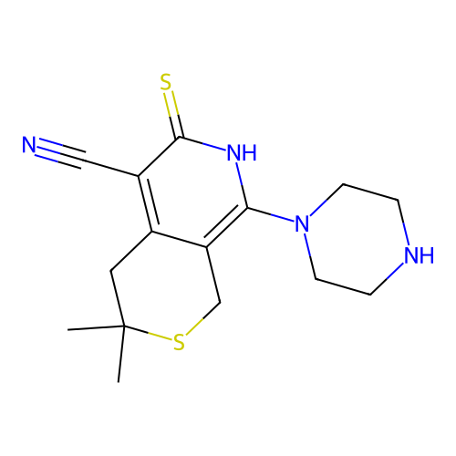 3,3-dimethyl-8-(piperazin-1-yl)-6-thioxo-3,4,6,7-tetrahydro-1H-thiopyrano[3,4-c]pyridine-5-carbonitrile structure