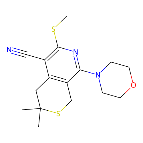 1H-Thiopyrano[3,4-c]pyridine-5-carbonitrile, 3,4-dihydro-3,3-dimethyl-6-methylthio-6-morpholino- structure