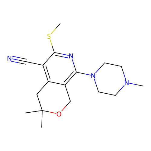 3,3-Dimethyl-8-(4-methyl-piperazin-1-yl)-6-methylsulfanyl-3,4-dihydro-1H-pyrano[3,4-c]pyridine-5-carbo nitrile structure