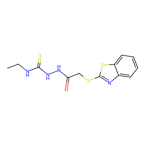 2-benzothiazol-2-ylthio-N-{[(ethylamino)thioxomethyl]amino}acetamide structure