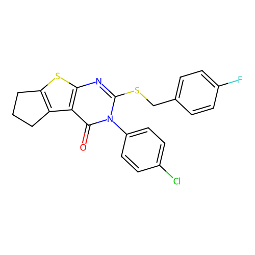 3-(4-chlorophenyl)-2-((4-fluorobenzyl)thio)-6,7-dihydro-3H-cyclopenta[4,5]thieno[2,3-d]pyrimidin-4(5H)-one structure
