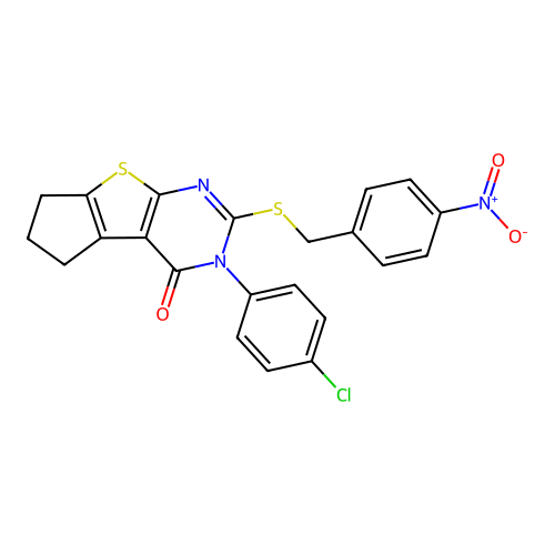 3-(4-chlorophenyl)-2-((4-nitrobenzyl)thio)-6,7-dihydro-3H-cyclopenta[4,5]thieno[2,3-d]pyrimidin-4(5H)-one structure