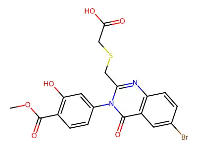 Benzoic acid, 4-(6-bromo-2-(((carboxymethyl)thio)methyl)-4-oxo-3(4H)-quinazolinyl)-2-hydroxy-,1-methyl ester structure