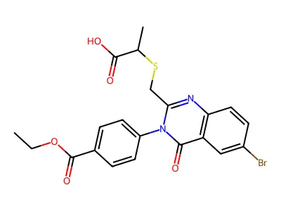 2-[[6-bromo-3-(4-ethoxycarbonylphenyl)-4-oxoquinazolin-2-yl]methylsulfanyl]propanoic acid structure