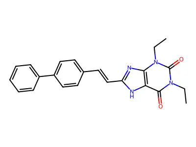 1,3-diethyl-8-[2-(4-phenylphenyl)ethenyl]-7H-purine-2,6-dione structure