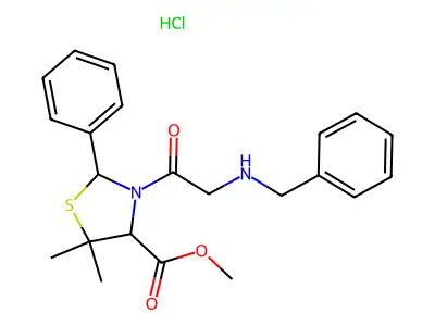 2-Phenyl-3-benzylaminoacetyl-4-methoxycarbonyl-5,5-dimethylthiazolidine hydrochloride structure