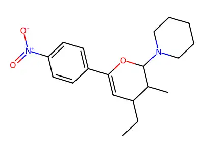 1-[4-ethyl-3-methyl-6-(4-nitrophenyl)-3,4-dihydro-2H-pyran-2-yl]piperidine structure