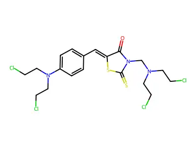 3-[bis(2-chloroethyl)aminomethyl]-5-[[4-[bis(2-chloroethyl)amino]phenyl]methylidene]-2-sulfanylidene-1,3-thiazolidin-4-one structure