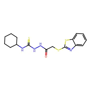 2-benzothiazol-2-ylthio-N-{[(cyclohexylamino)thioxomethyl]amino}acetamide structure