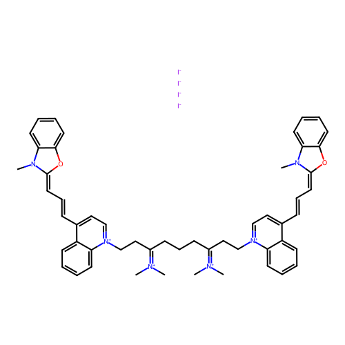 [7-Dimethylazaniumylidene-1-[4-[(E,3Z)-3-(3-methyl-1,3-benzoxazol-2-ylidene)prop-1-enyl]quinolin-1-ium-1-yl]-9-[4-[(E,3E)-3-(3-methyl-1,3-benzoxazol-2-ylidene)prop-1-enyl]quinolin-1-ium-1-yl]nonan-3-ylidene]-dimethylazanium;tetraiodide structure