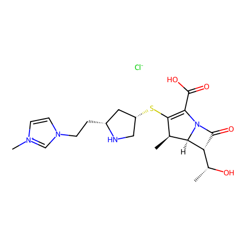 1H-Imidazolium, 1-(2-((2R,4S)-4-(((4R,5S,6S)-2-carboxy-6-((1R)-1-hydroxyethyl)-4-methyl-7-oxo-1-azabicyclo(3.2.0)hept-2-en-3-yl)thio)-2-pyrrolidinyl)ethyl)-3-methyl-, chloride structure