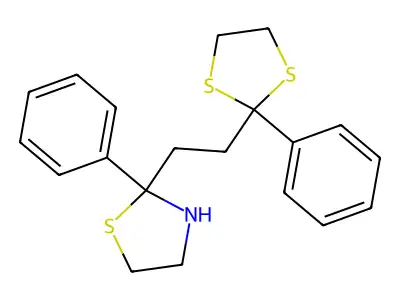 Thiazolidine, 2-phenyl-2-(2-(2-phenyl-1,3-dithiolan-2-yl)ethyl)- structure