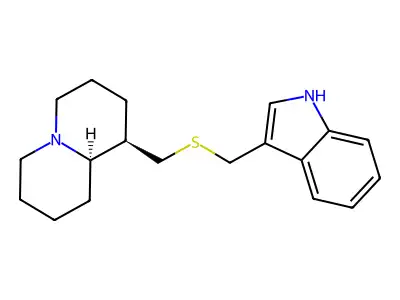 2H-Quinolizine, octahydro-1-(((1H-indol-3-ylmethyl)thio)methyl)-, (1R-trans)- structure