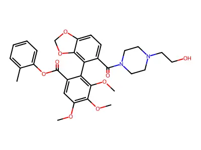 Benzoic acid, 2-(5-((4-(2-hydroxyethyl)-1-piperazinyl)carbonyl)-1,3-benzodioxol-4-yl)-3,4,5-trimethoxy-, 2-methylphenyl ester structure