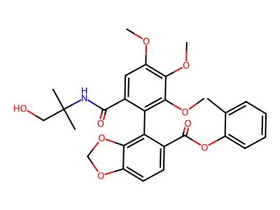 1,3-Benzodioxole-5-carboxylic acid, 4-(6-(((1,1-dimethyl-2-hydroxyethyl)amino)carbonyl)-2,3,4-trimethoxyphenyl)-, 2-methylphenyl ester structure