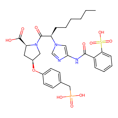 (2S,4S)-4-[4-(phosphonomethyl)phenoxy]-1-[(2R)-2-[4-(2-sulfobenzamido)-1H-imidazol-1-yl]octanoyl]pyrrolidine-2-carboxylic acid structure