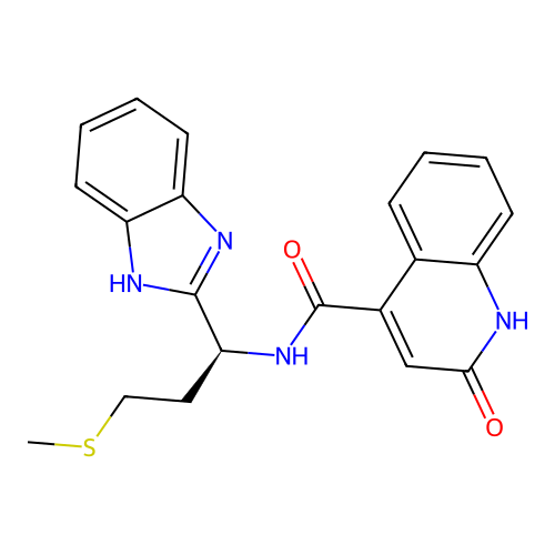 N-[(1S)-1-(1H-benzimidazol-2-yl)-3-methylsulfanylpropyl]-2-oxo-1H-quinoline-4-carboxamide structure