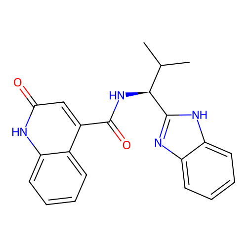 N-[(1S)-1-(1H-benzimidazol-2-yl)-2-methylpropyl]-2-oxo-1H-quinoline-4-carboxamide structure