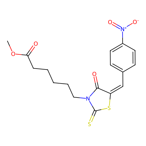 methyl 6-[(5E)-5-[(4-nitrophenyl)methylidene]-4-oxo-2-sulfanylidene-1,3-thiazolidin-3-yl]hexanoate structure