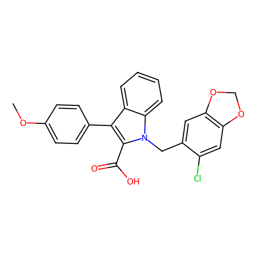 1-(2-chloro-4,5-methylenedioxybenzyl)-3-(4-methoxyphenyl)indole-2-carboxylic acid structure