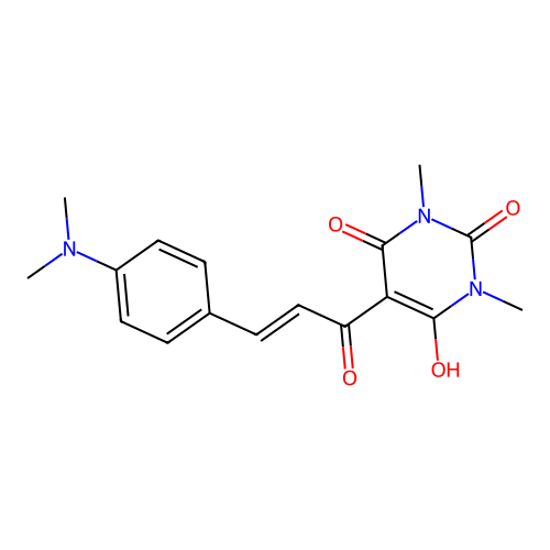 5-[(E)-3-(4-dimethylaminophenyl)prop-2-enoyl]-6-hydroxy-1,3-dimethylpyrimidine-2,4-dione structure