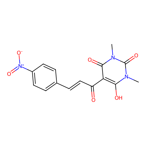 (E)-6-hydroxy-1,3-dimethyl-5-(3-(4-nitrophenyl)acryloyl)pyrimidine-2,4(1H,3H)-dione structure