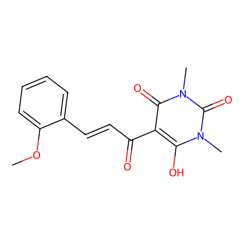 (E)-6-hydroxy-5-(3-(2-methoxyphenyl)acryloyl)-1,3-dimethylpyrimidine-2,4(1H,3H)-dione structure