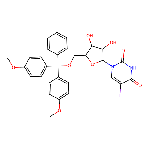 1-((2R,3R,4S,5R)-5-((Bis(4-methoxyphenyl)(phenyl)methoxy)methyl)-3,4-dihydroxytetrahydrofuran-2-yl)-5-iodopyrimidine-2,4(1H,3H)-dione structure