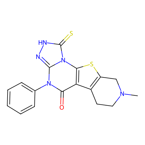 1-Mercapto-8-methyl-4-phenyl-6,7,8,9-tetrahydro-4H-10-thia-2,3,4,8,10b-pentaaza-cyclopenta[a]fluore n-5-one structure