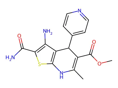methyl 3-amino-2-carbamoyl-6-methyl-4-pyridin-4-yl-4,7-dihydrothieno[2,3-b]pyridine-5-carboxylate structure