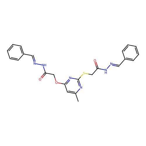 (E)-N'-benzylidene-2-((4-(2-((E)-2-benzylidenehydrazinyl)-2-oxoethoxy)-6-methylpyrimidin-2-yl)thio)acetohydrazide structure