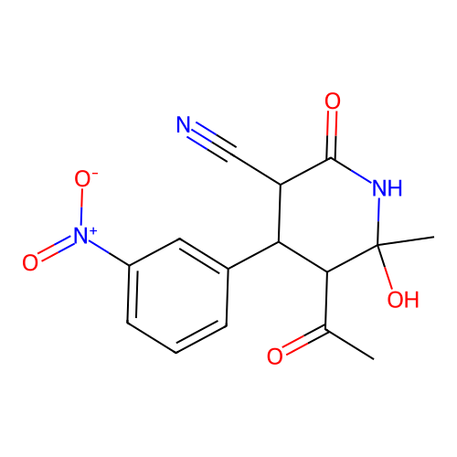 5-Acetyl-6-hydroxy-6-methyl-4-(3-nitrophenyl)-2-oxopiperidine-3-carbonitrile structure