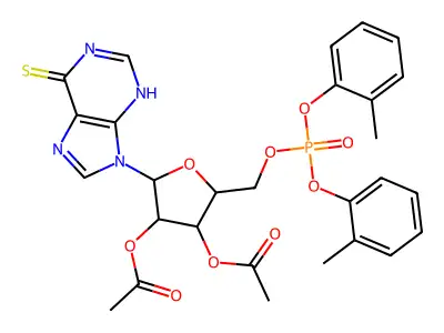 [4-acetyloxy-2-[bis(2-methylphenoxy)phosphoryloxymethyl]-5-(6-sulfanylidene-3H-purin-9-yl)oxolan-3-yl] acetate structure