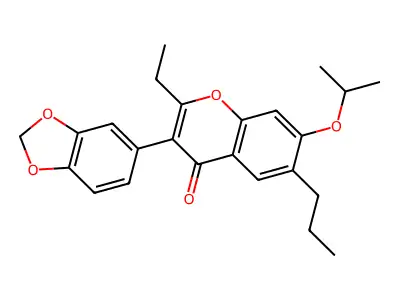 3-(benzo[d][1,3]dioxol-5-yl)-2-ethyl-7-isopropoxy-6-propyl-4H-chromen-4-one structure