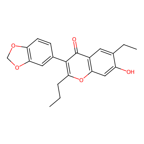 3-(benzo[d][1,3]dioxol-5-yl)-6-ethyl-7-hydroxy-2-propyl-4H-chromen-4-one structure