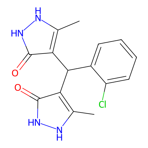 4,4'-[(2-chlorophenyl)methanediyl]bis(3-methyl-1H-pyrazol-5-ol) structure