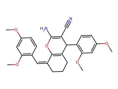 2-amino-8-(2,4-dimethoxybenzylidene)-4-(2,4-dimethoxyphenyl)-5,6,7,8-tetrahydro-4H-chromene-3-carbonitrile structure