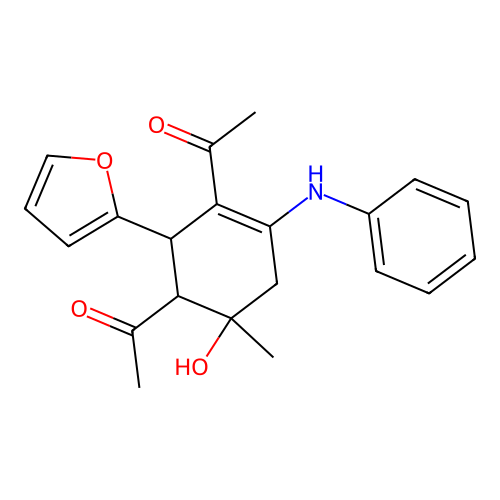 1-[3-acetyl-4-anilino-2-(furan-2-yl)-6-hydroxy-6-methylcyclohex-3-en-1-yl]ethanone structure