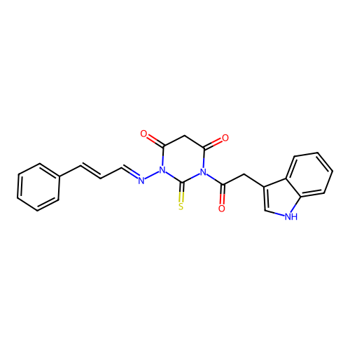 1-(Cinnamylideneamino)-3-(3-indolylacetyl)-2-thiobarbituric acid structure