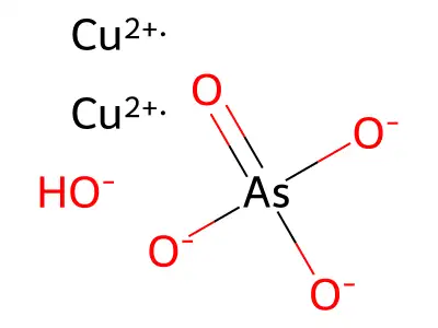 Copper arsenate hydroxide (Cu2(AsO4)(OH)) structure