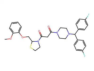 1-[4-[bis(4-fluorophenyl)methyl]piperazin-1-yl]-3-[2-[(2-methoxyphenoxy)methyl]-1,3-thiazolidin-3-yl]propane-1,3-dione structure