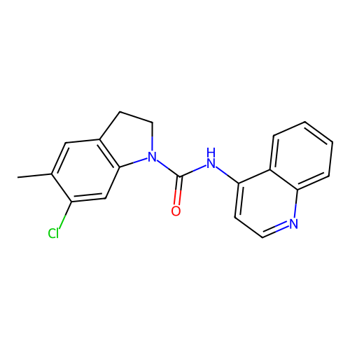 6-chloro-5-methyl-N-quinolin-4-yl-2,3-dihydroindole-1-carboxamide structure