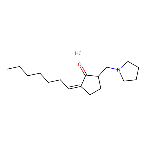 Cyclopentanone, 2-heptylidene-5-(1-pyrrolidinylmethyl)-, (E)-, hydrochloride structure