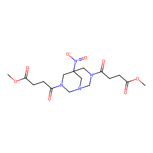 dimethyl 4,4'-(5-nitro-1,3,7-triazabicyclo[3.3.1]nonane-3,7-diyl)bis(4-oxobutanoate) structure